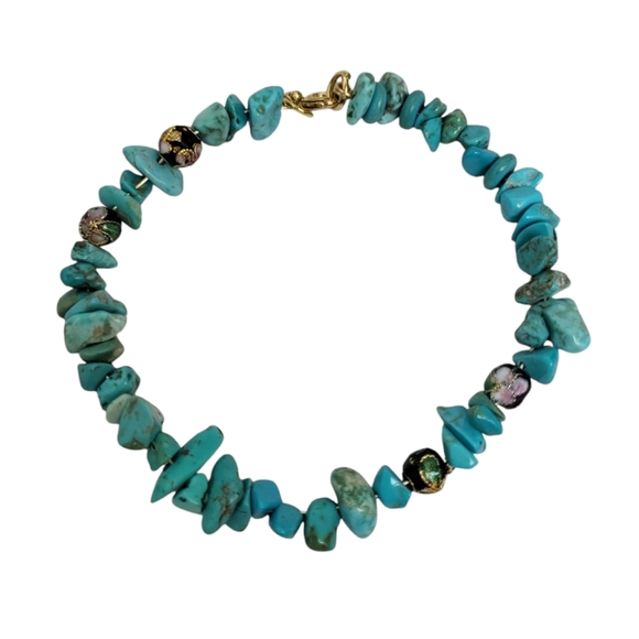 14k Gold plated Turquoise Chip Cloisonne Beaded Necklace - Picture 1 of 2